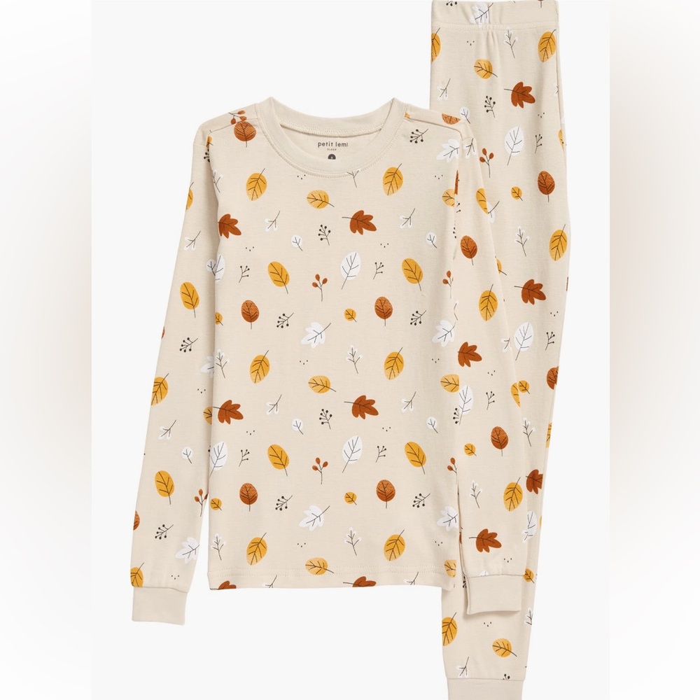 Petit Lem Leaf Print Kids Pajama Set - Cream and Orange